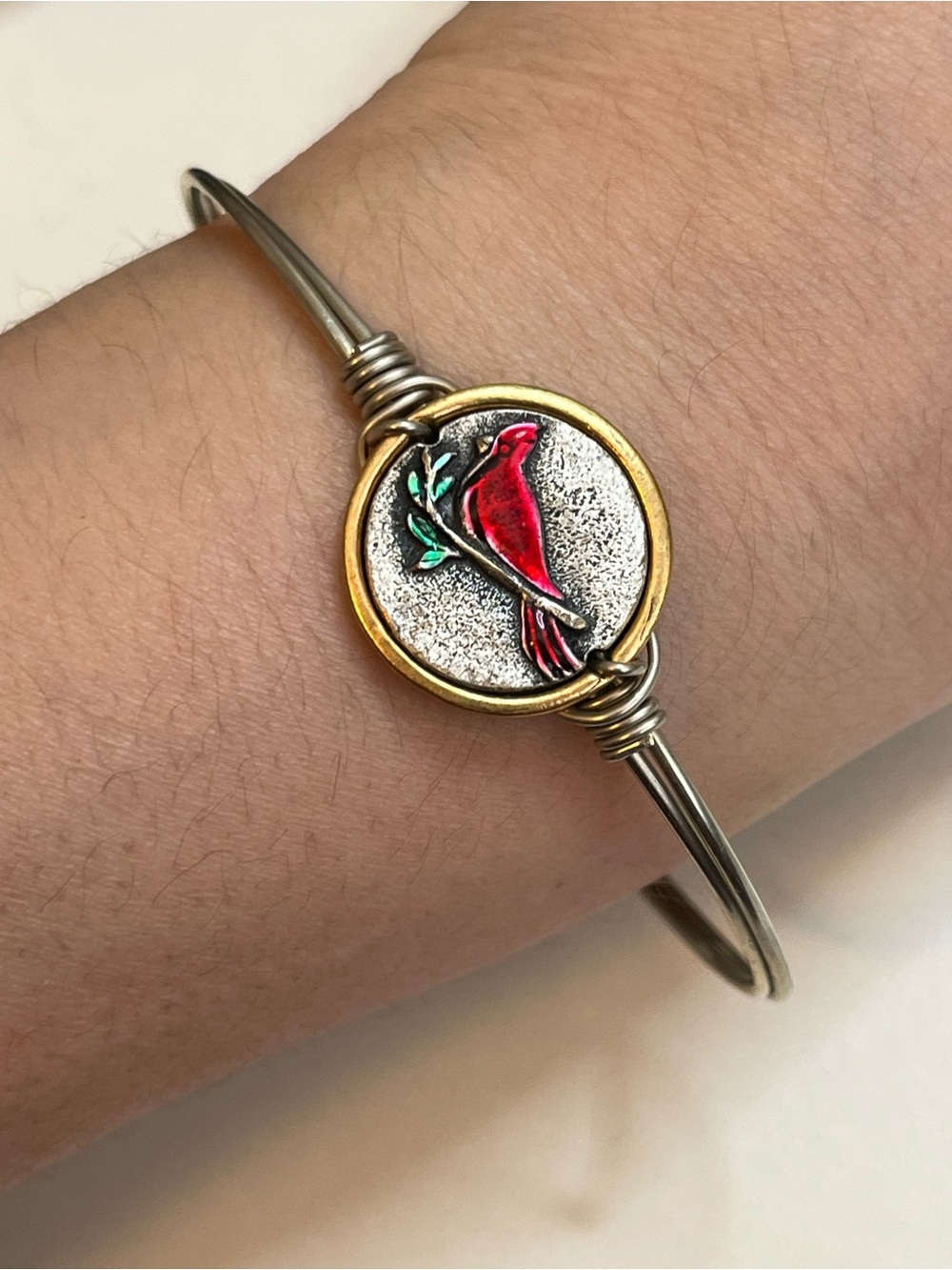 Luca Danni Red Cardinal Bangle Bracelet silver and gold